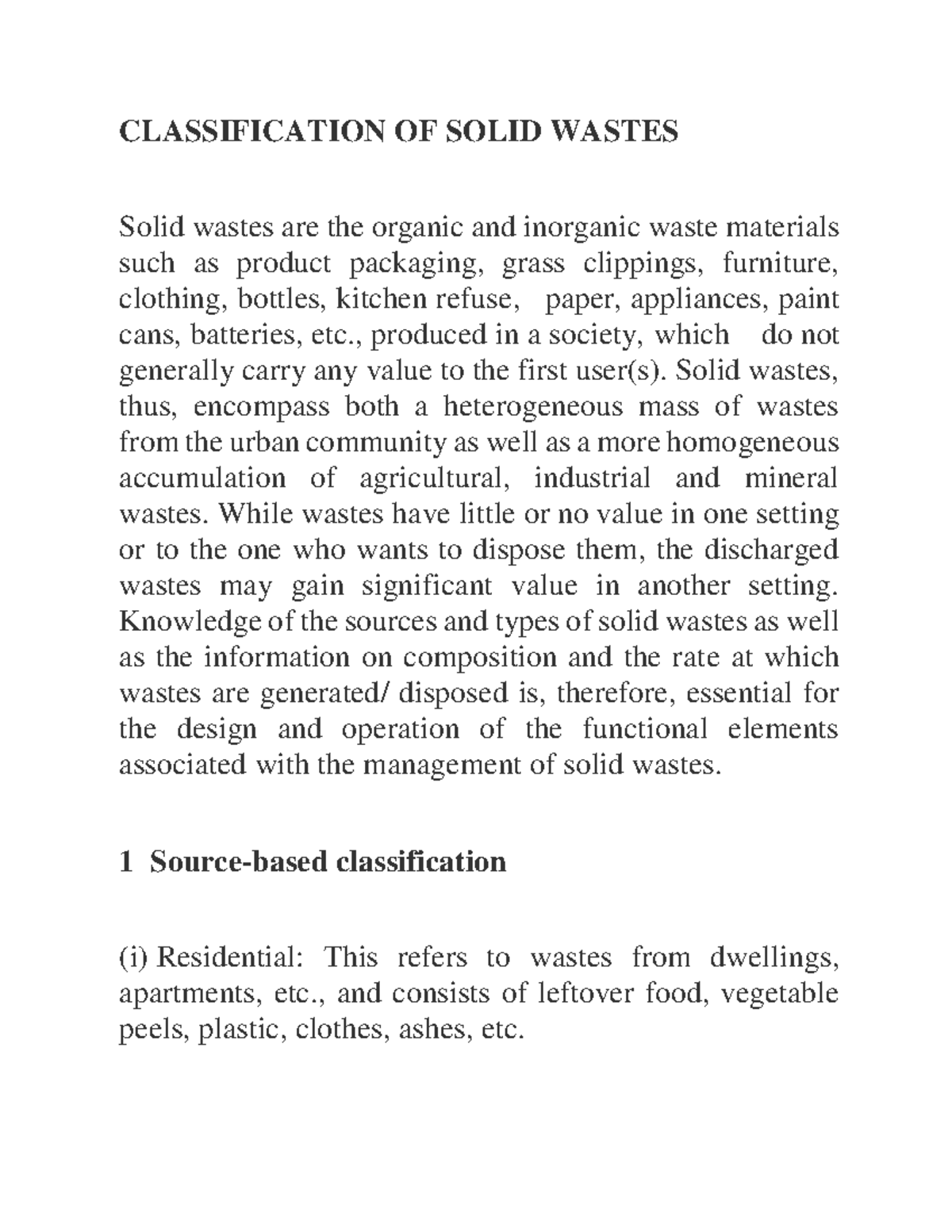 Classification OF Solid Wastes - CLASSIFICATION OF SOLID WASTES Solid ...