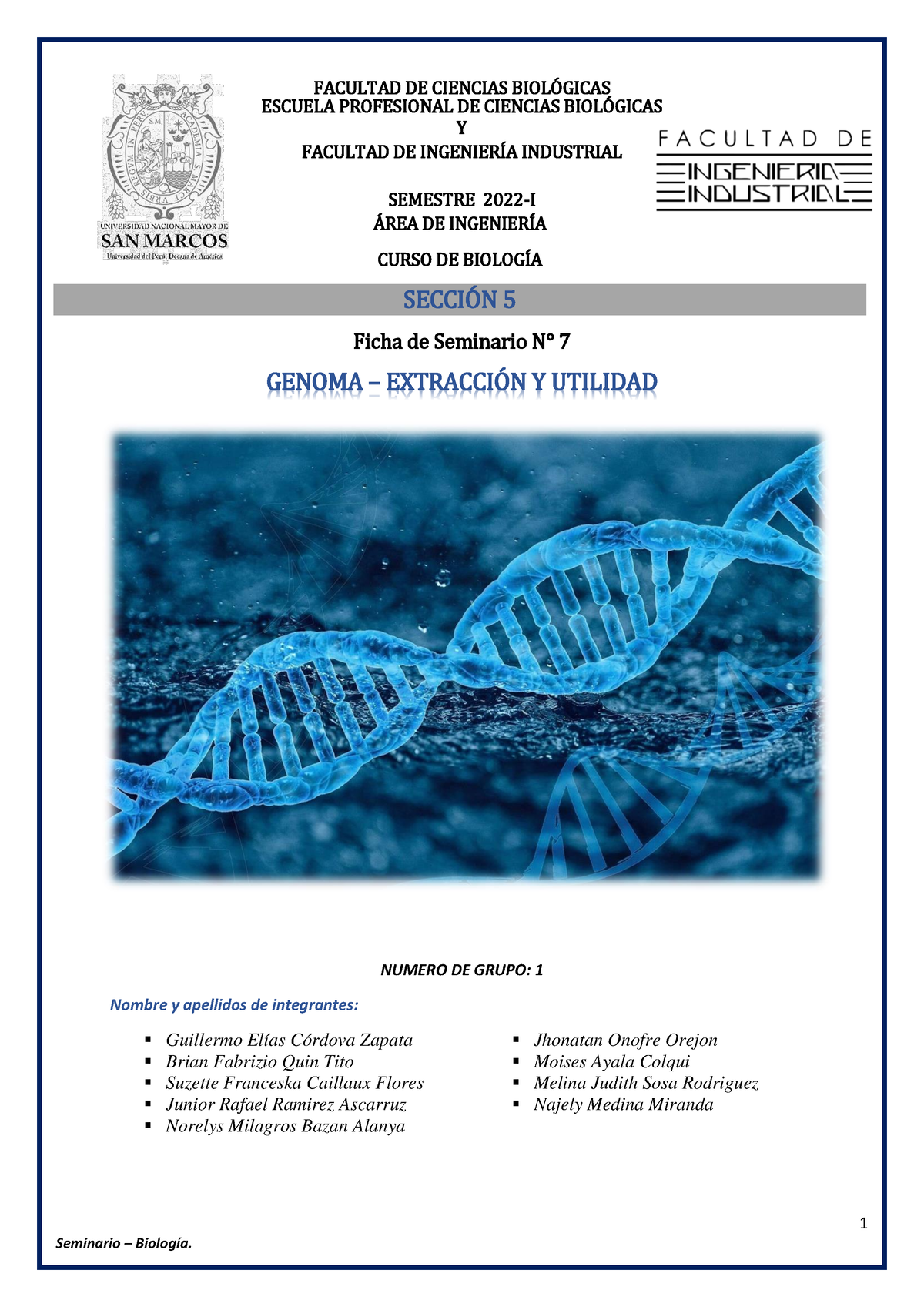 Ficha Seminario 7-FII - 1 FACULTAD DE CIENCIAS BIOL”GICAS ESCUELA ...