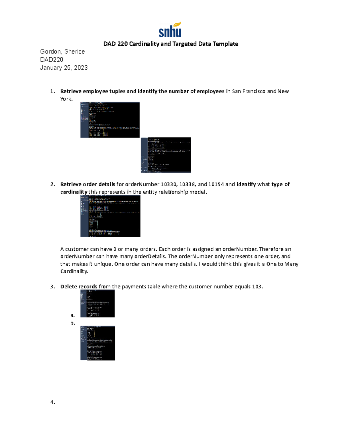 DAD 220 Cardinality and Targeted Data Template Gordon - Retrieve order ...