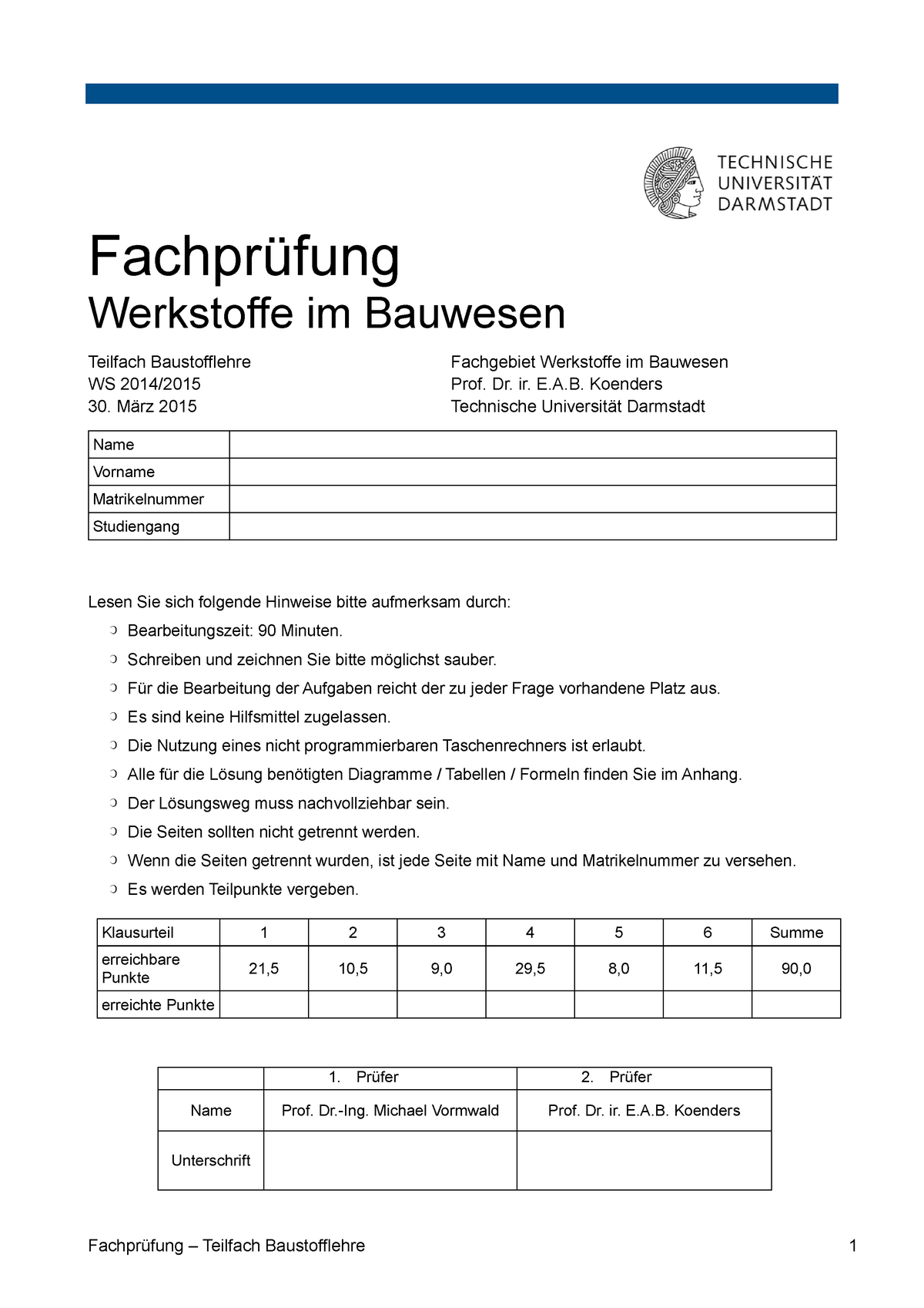 Klausur Wintersemester 2014/2015, Fragen - Fachprüfung Werkstoffe Im ...