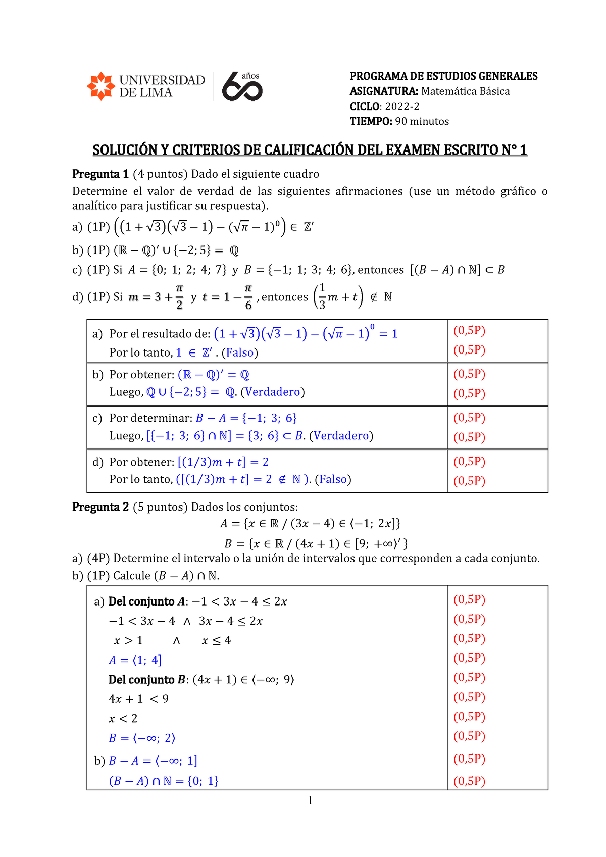 Exam 2 - Exámenes - MATEMÁTICA BÁSICA - 1 SOLUCI”N Y CRITERIOS DE ...