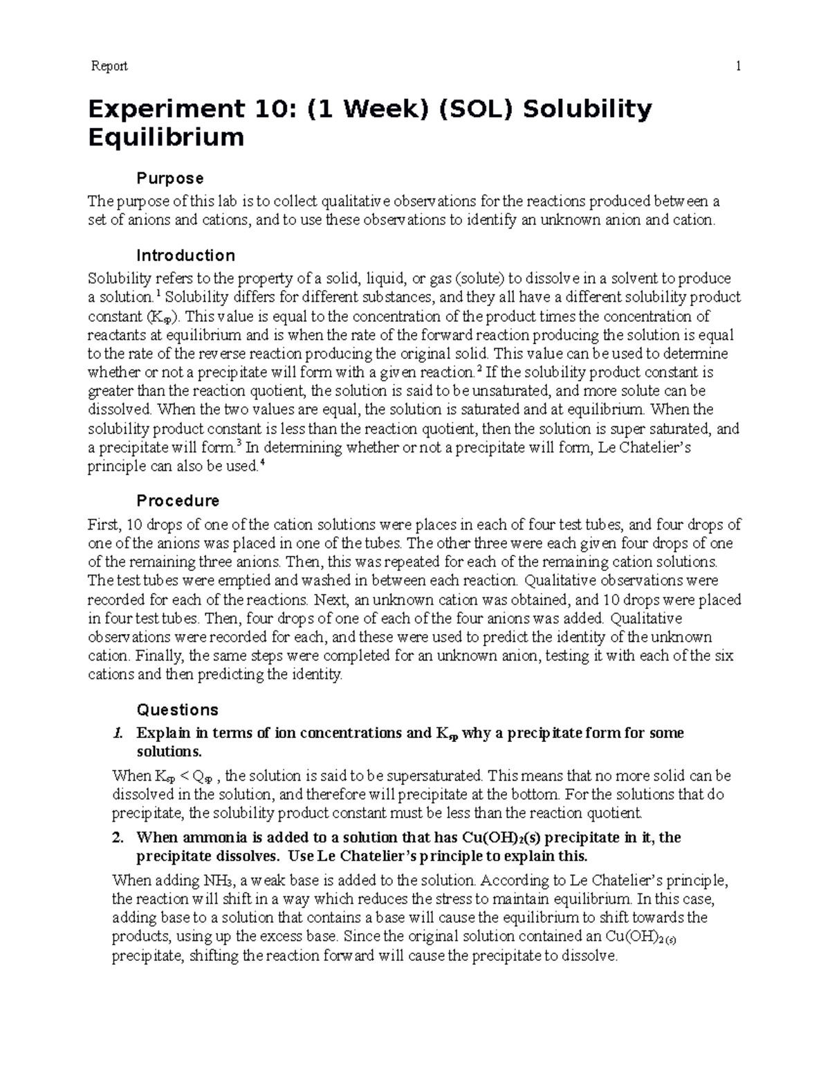 Solubility Equilibria Experiment 10 1 Week Sol Solubility Equilibrium Purpose The Purpose