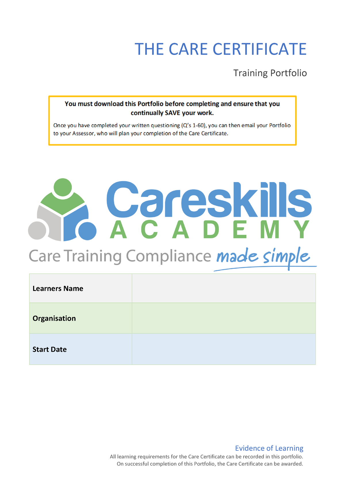 Care Certificate Learning Portfolio editable - Learners Name ...