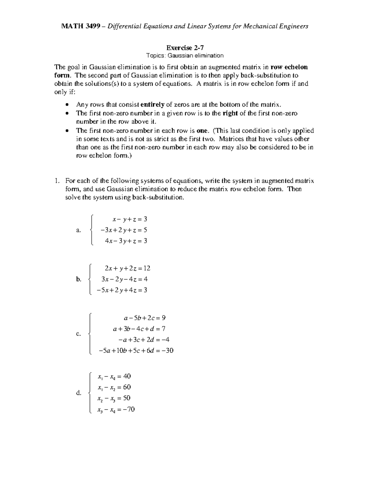 Exercise 2-7 - Gaussian Elimination - MATH 3499 – Differential ...