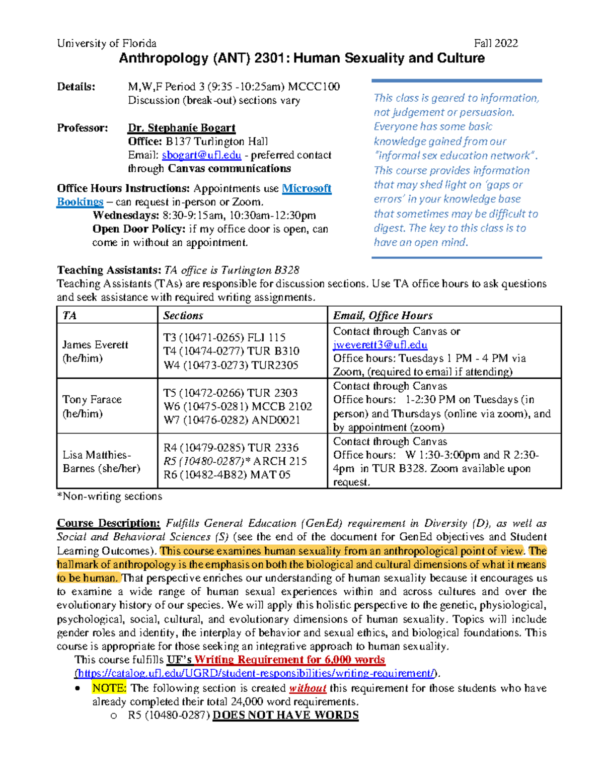 ANT2301 syllabus Fall 2022 University of Florida Fall 2022