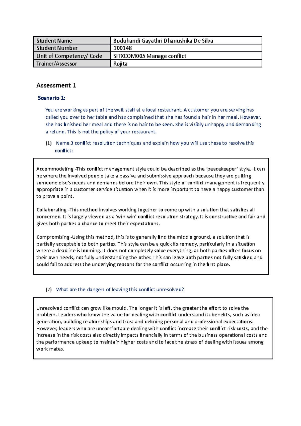 Manage Conflict Assessment 1 short Answers - Student Name Boduhandi ...