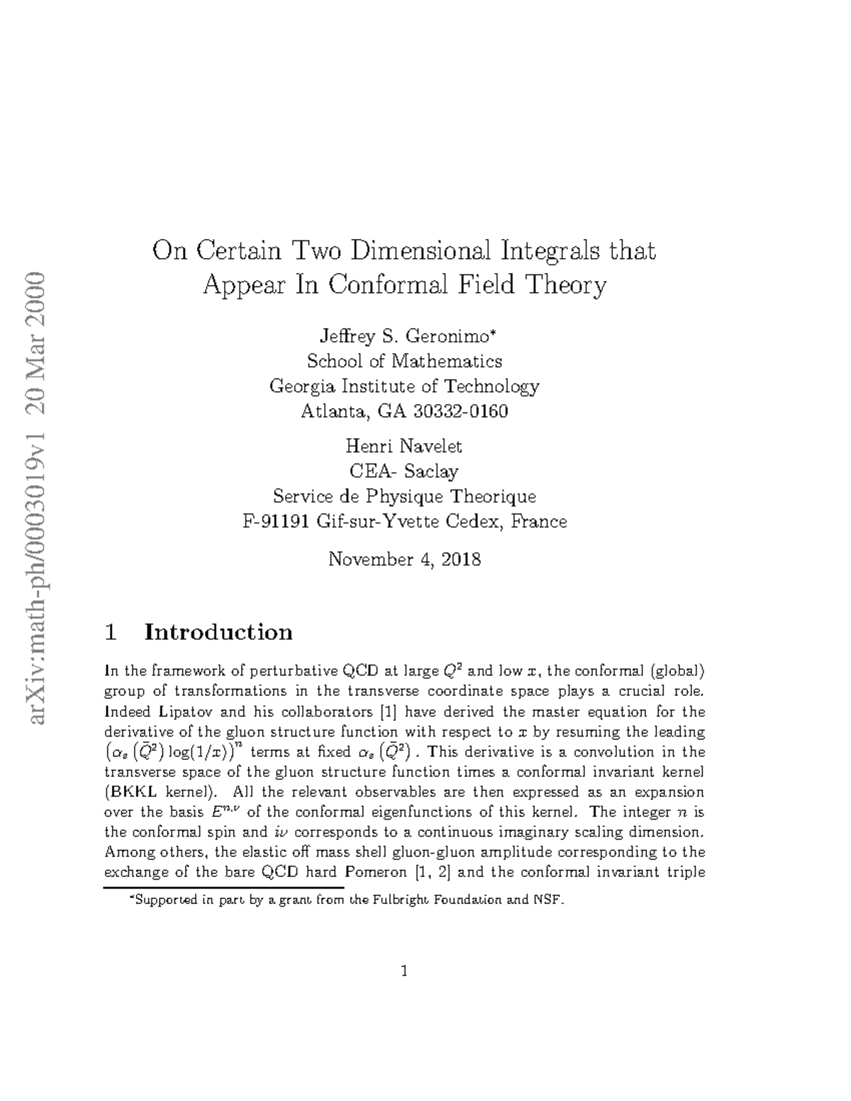 0003019 - Cours - arXiv:math-ph/0003019v1 20 Mar 2000 On Certain Two ...