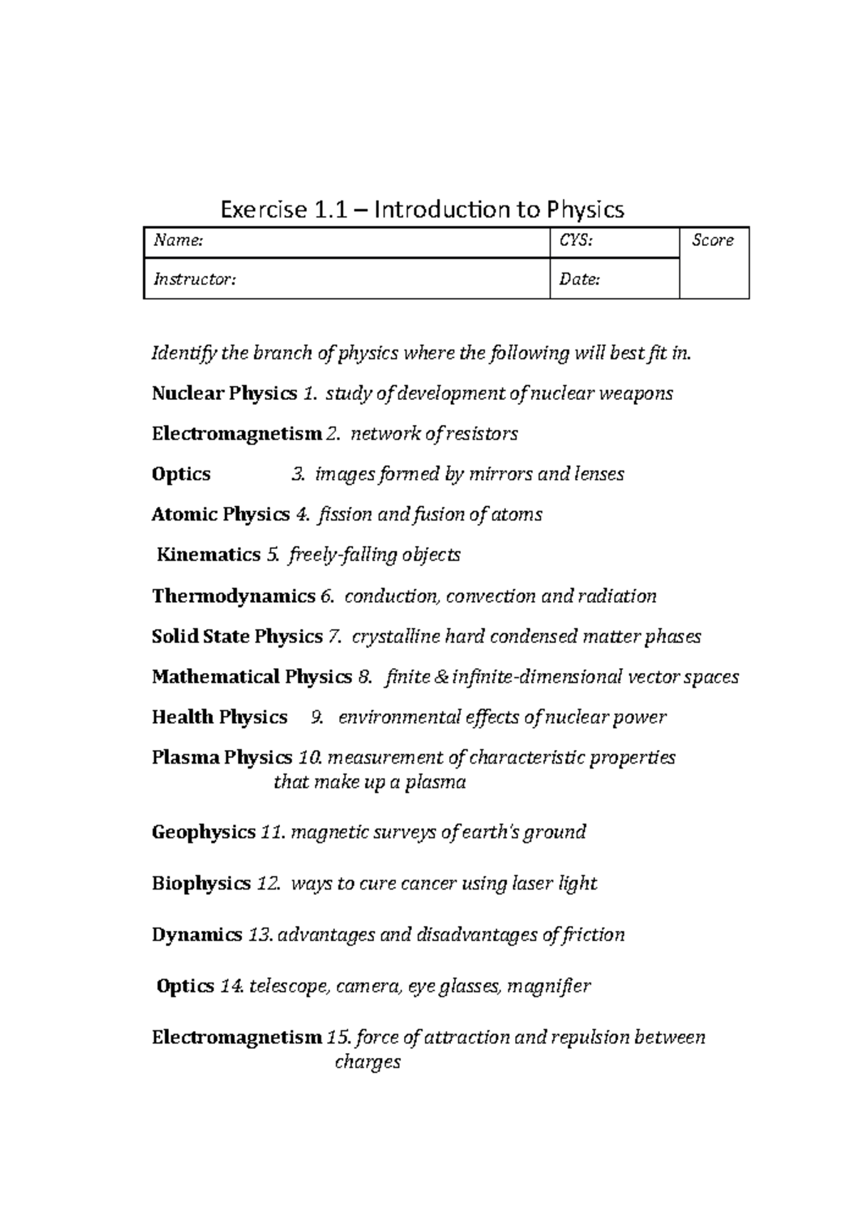 Branches of Physics Quiz - Exercise 1 – Introduction to Physics Name ...