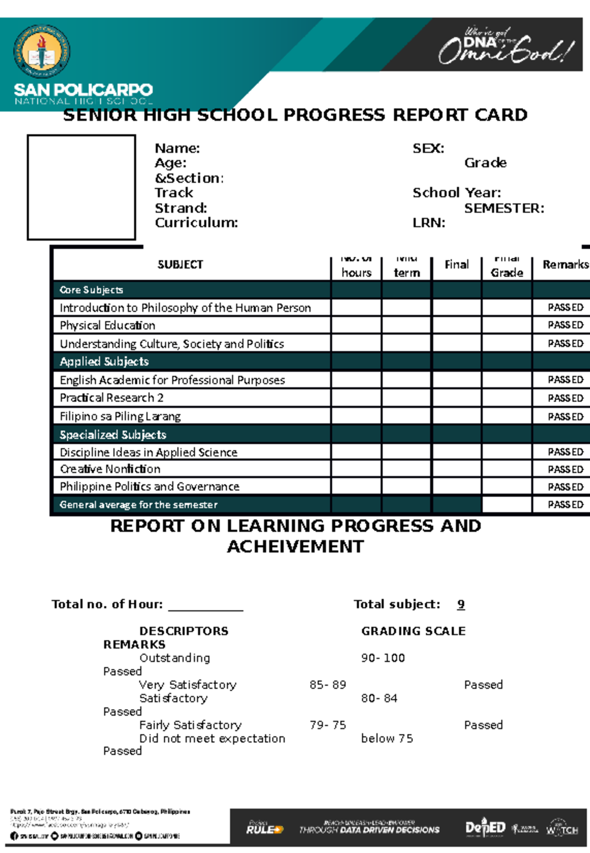 Shs Report Card Sample - This Is For Lecture - Senior High School 