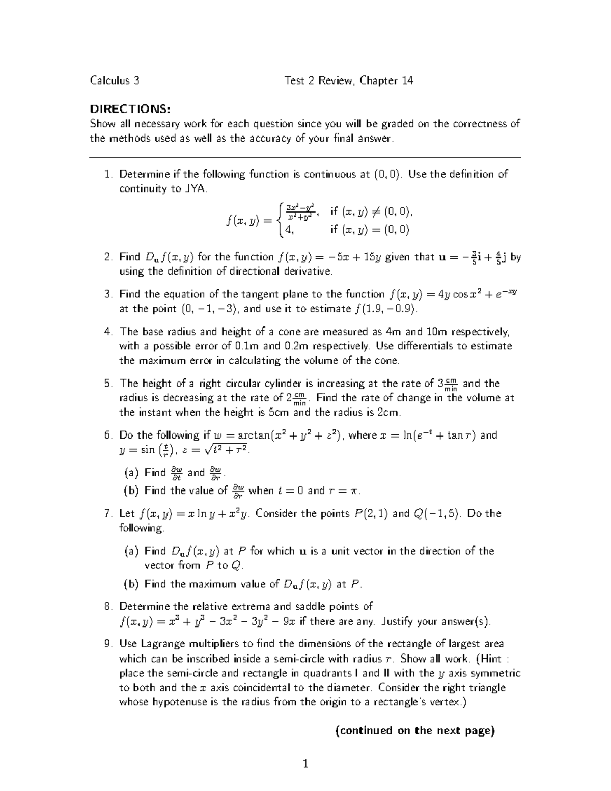 Calc 3 Test2 Review F 2020 - Calculus 3 Test 2 Review, Chapter 14 ...