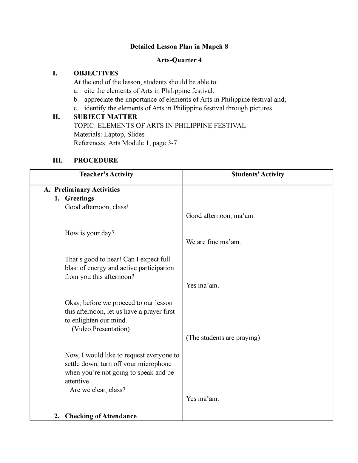 1 Detailed Lesson Plan Arts Mapeh 8 Detailed Lesson Plan In Mapeh 8 4458