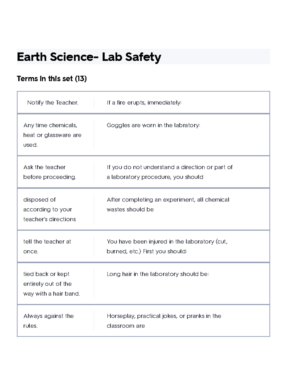 Earth Science Lab Safety Flashcards Quizlet Earth Science Lab