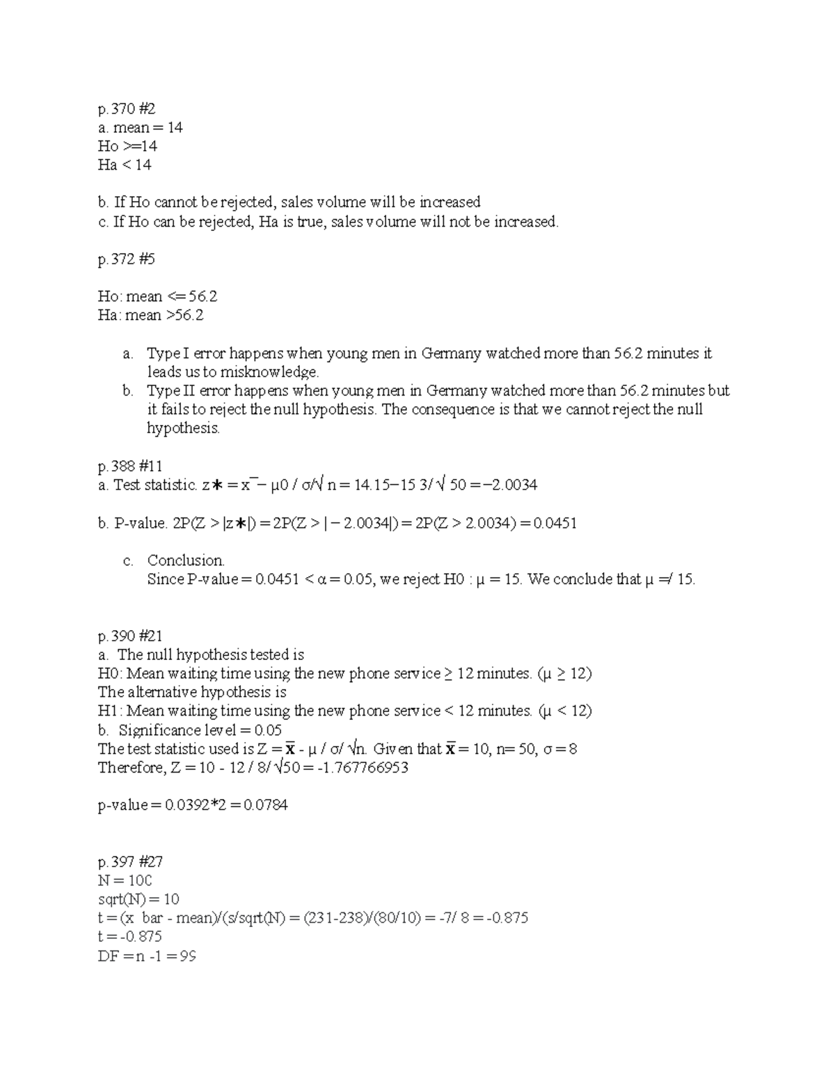 Problem+set+11 - Chapter 11 homework set - p #2 a. mean = 14 Ho >=14 Ha