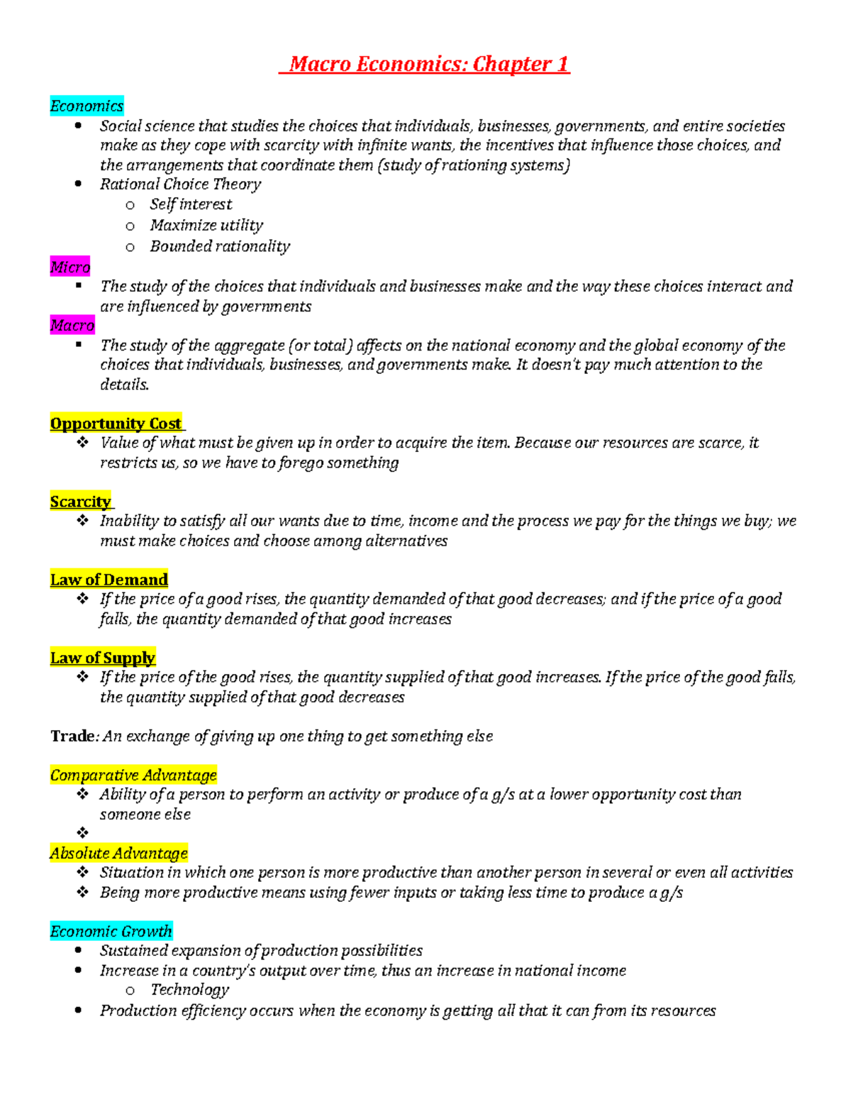 Notes - Macro Economics: Chapter 1 Economics Social science that ...