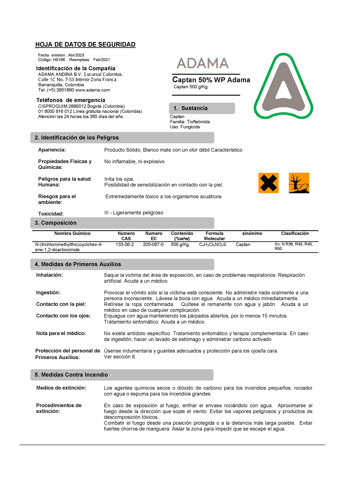 Captan 50 Wp Ficha De Seguridad Hoja De Datos De Seguridad Fecha Emisión Abr Código 6724