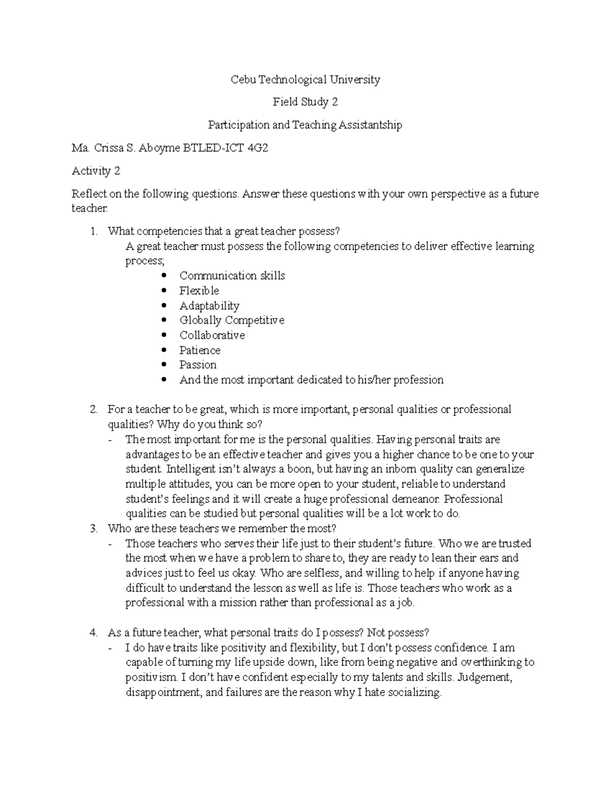 FS2 Activity 1 - Notes for field study subjects - Cebu Technological ...