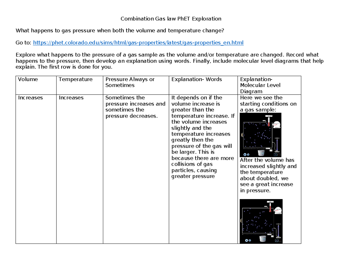 Combination Gas law Ph ET Exploration Combination Gas law PhET