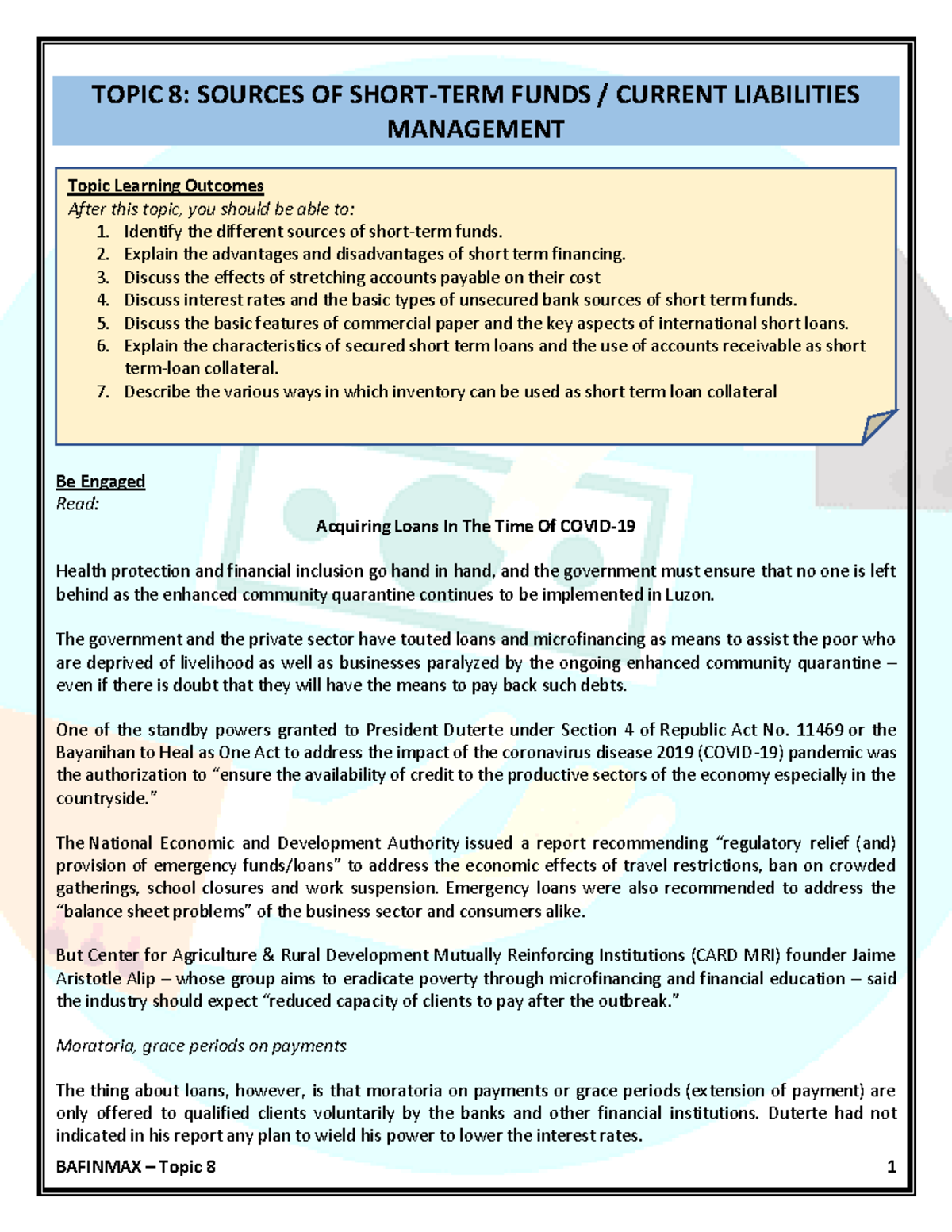 8 Sources of shortterm funds Current Liabilities Management TOPIC 8