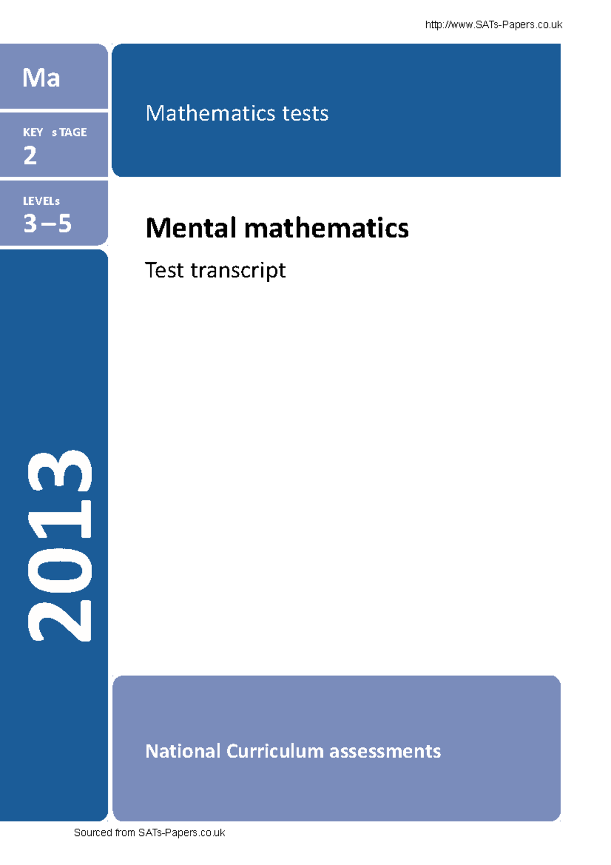 Ks2 mathematics 2013 mental maths transcript - ####### SATs-Papers.co ...