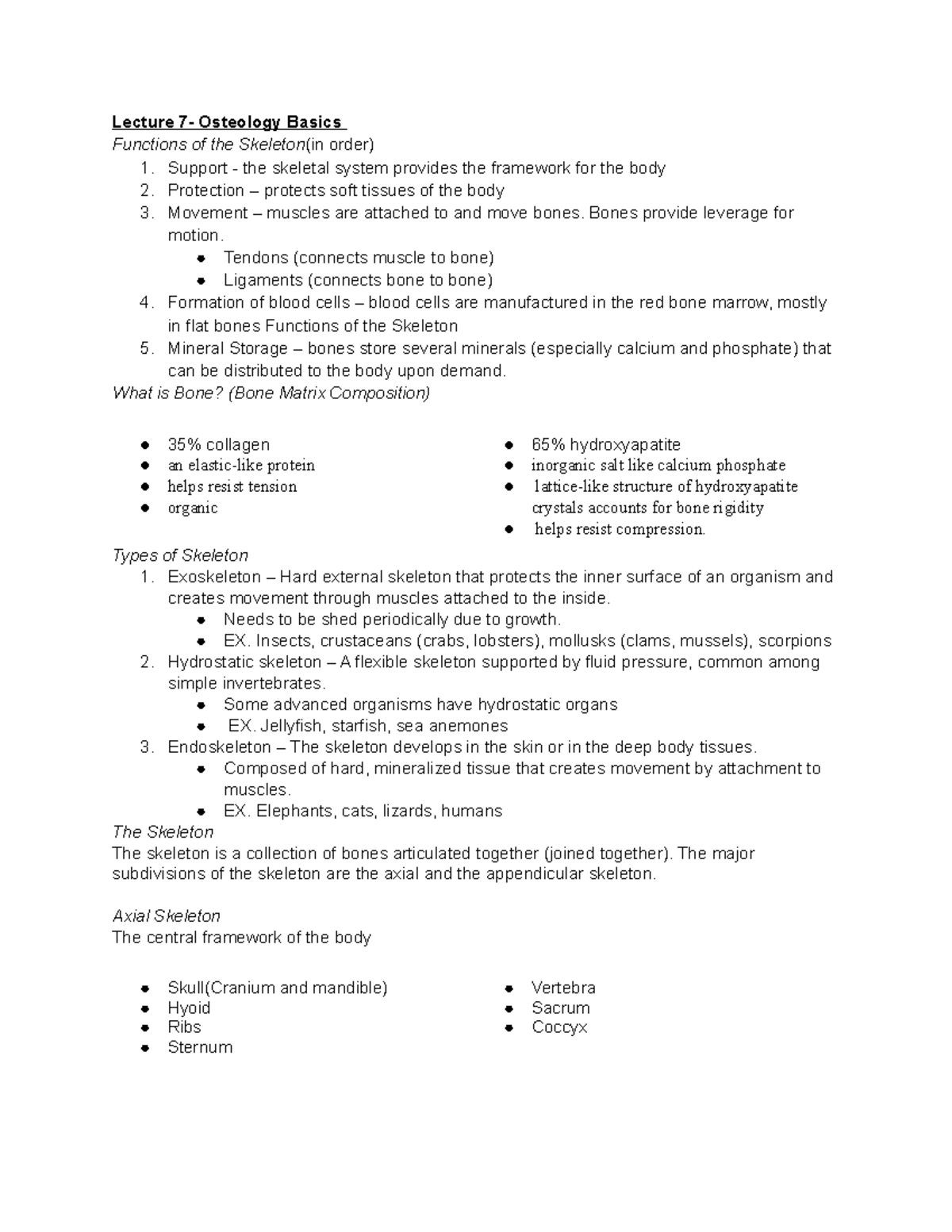 Study Guide 2 - Lecture 7- Osteology Basics Functions of the Skeleton ...