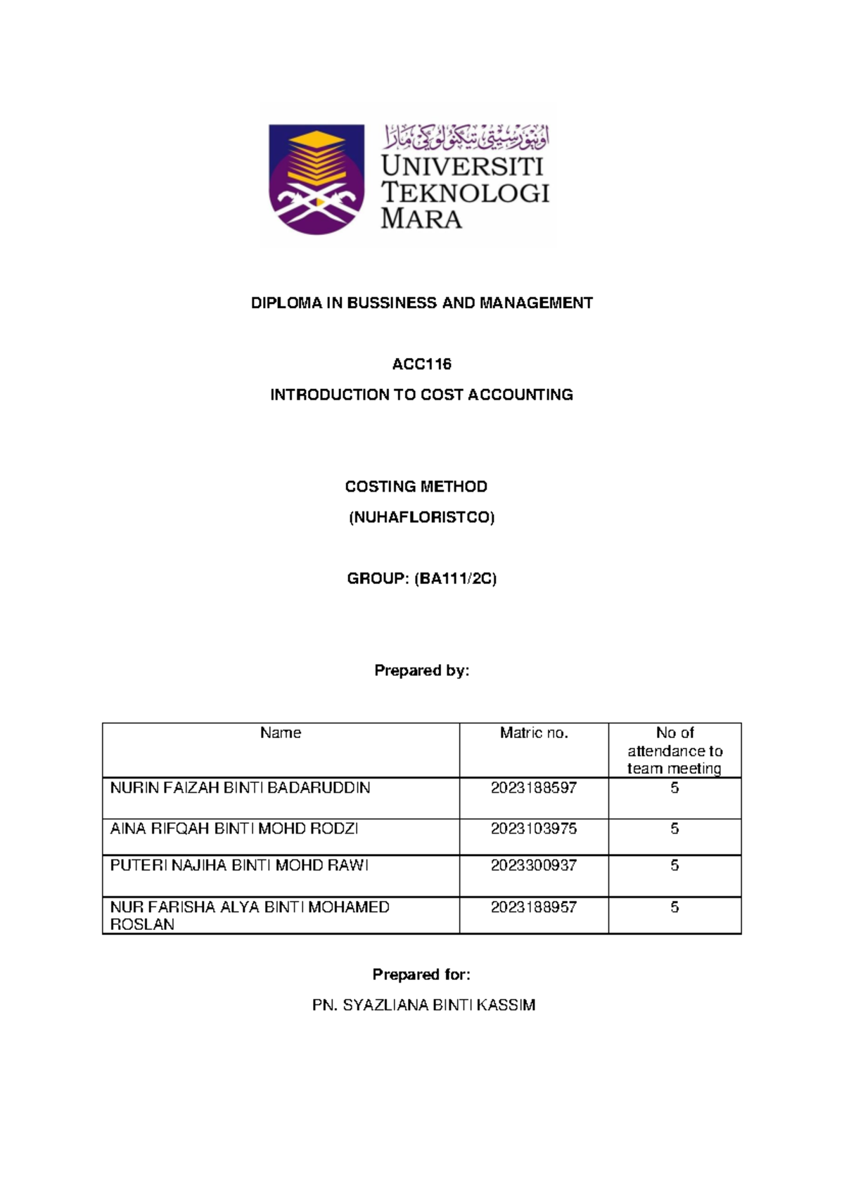 Assignment ACC 116 ( Group 4:2C) - DIPLOMA IN BUSSINESS AND MANAGEMENT ...