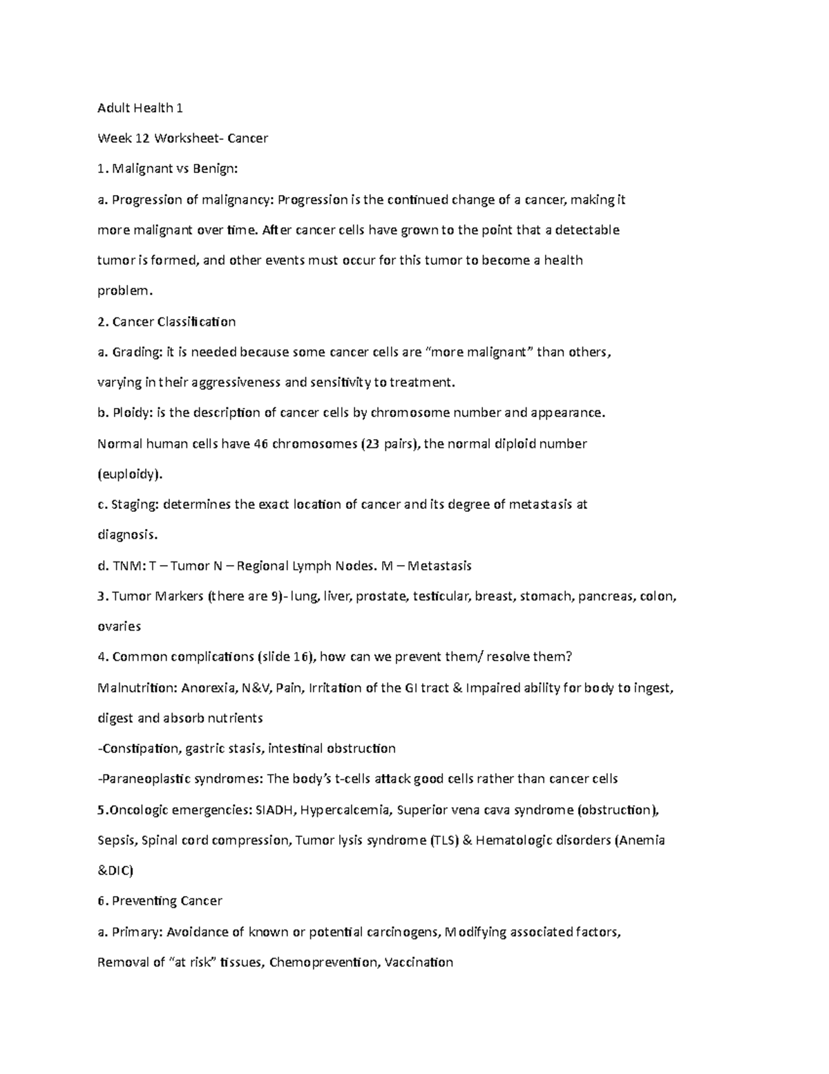 AH1 week 12 worksheet - Cancer - Adult Health 1 Week 12 Worksheet ...