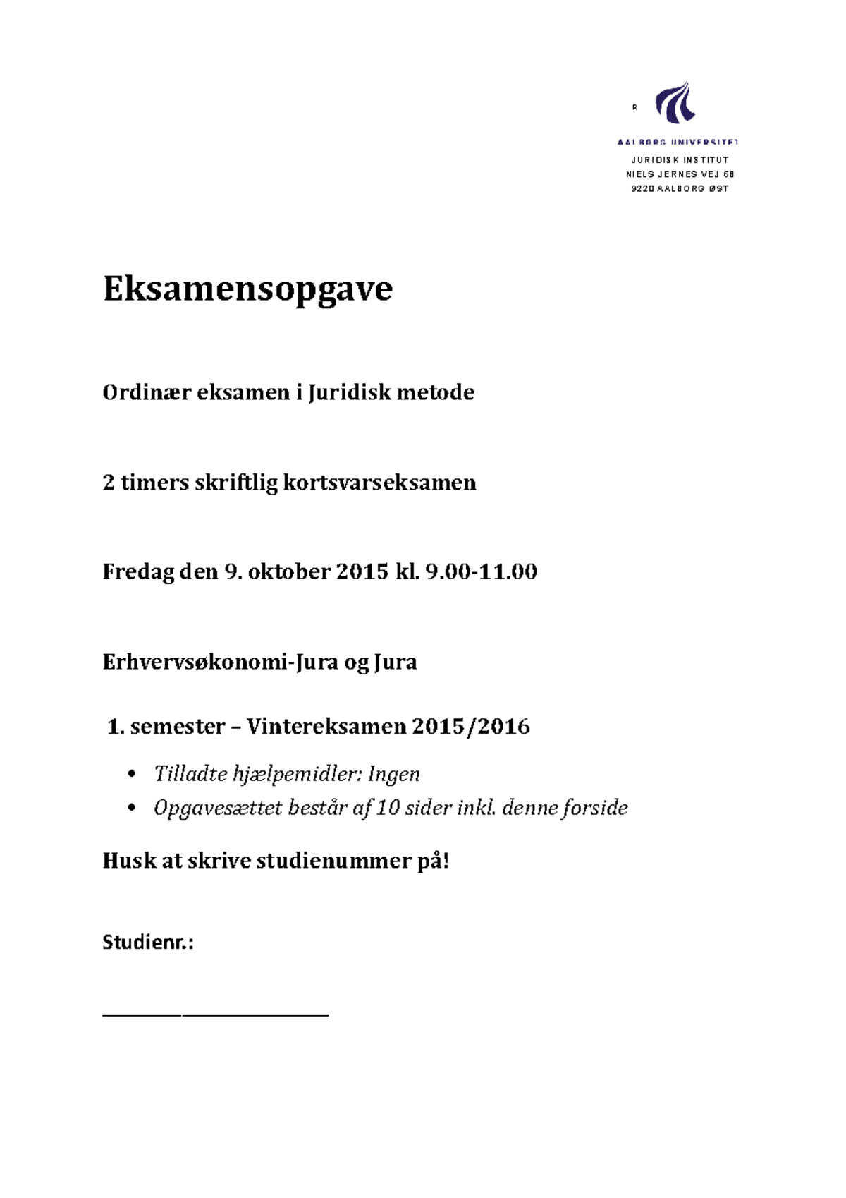 Eksamensopgave - Tidligere Eksamenssæt Med Besvarelse. - R ...