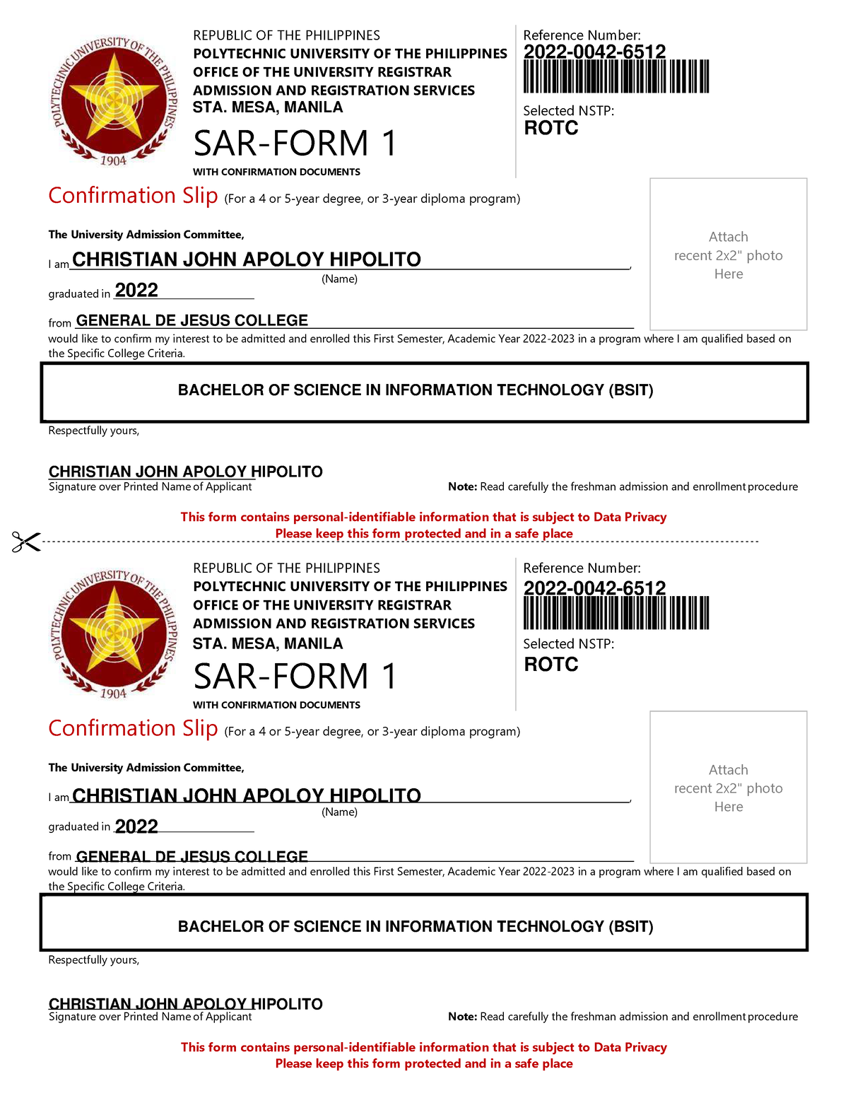 PUP Admission Document 2022 0042 6512 - ####### REPUBLIC OF THE PHILIPPINES ####### POLYTECHNIC 