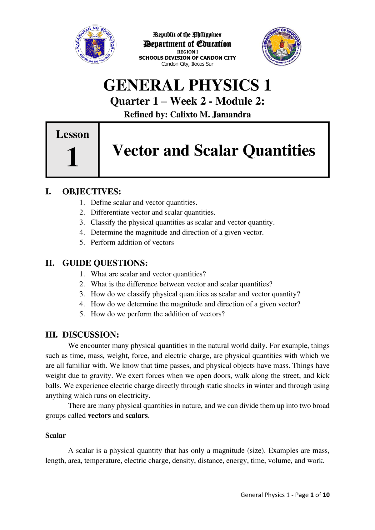 General-Physics-1 Q1 W2 M2 LDS Vector-and-Scalar-Quantities ALG RTP ...