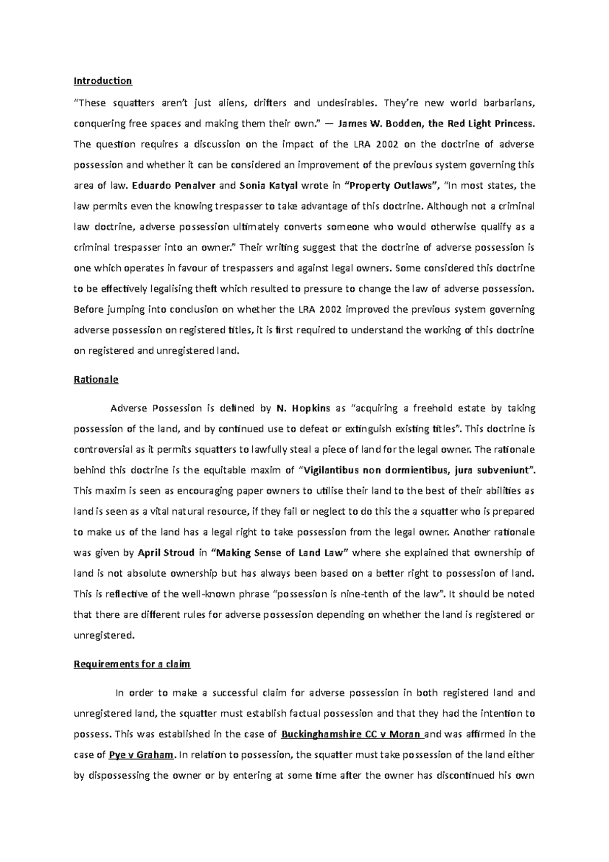 Land Law Essay On Adverse Possession - Introduction “these Squatters 