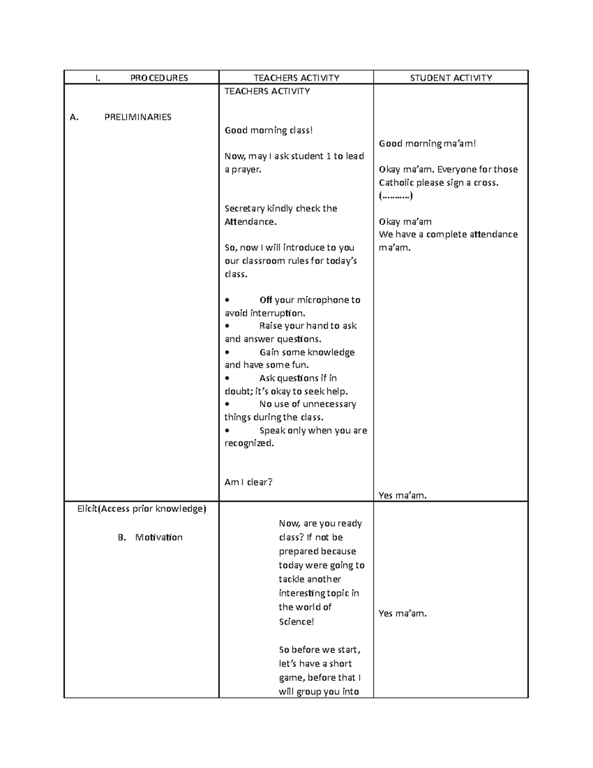Lesson plan - I. PROCEDURES TEACHERS ACTIVITY STUDENT ACTIVITY A ... image.