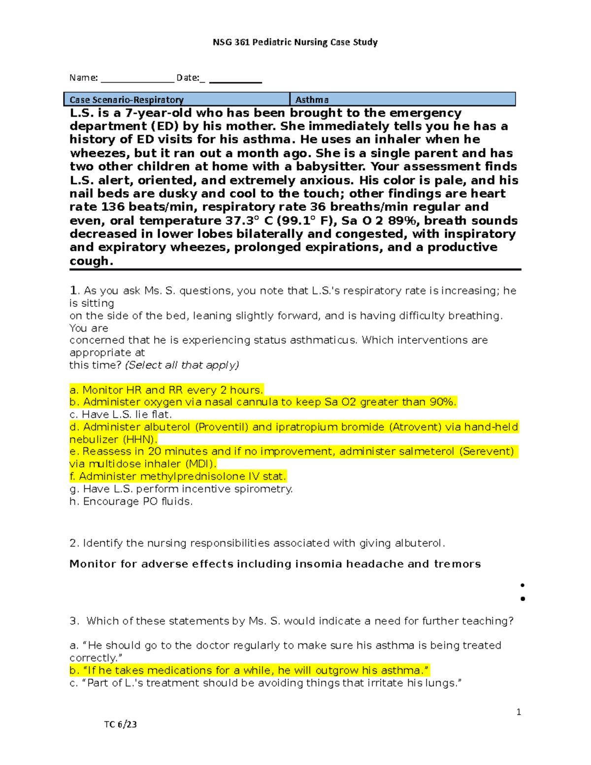 Respiratory.Asthma. Case Study-1-1 - Name: ______________ Date ...