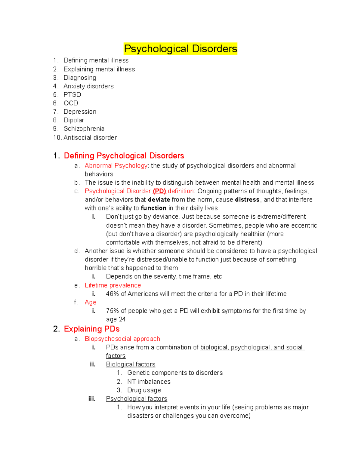 Ch 15 Class Notes - Psychological Disorders Defining Mental Illness ...