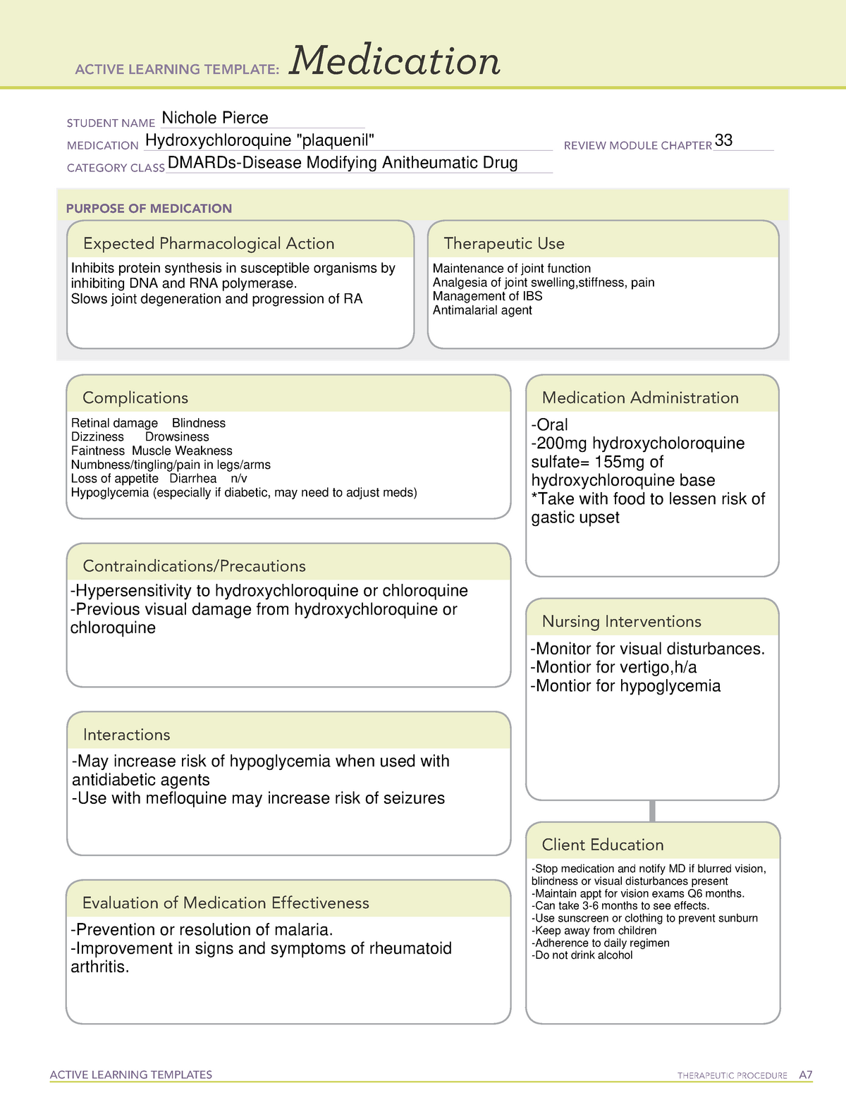 HydroxychloroquineATI MEDICATION TEMPLATE COMPLETED ATI MEDICATION ...