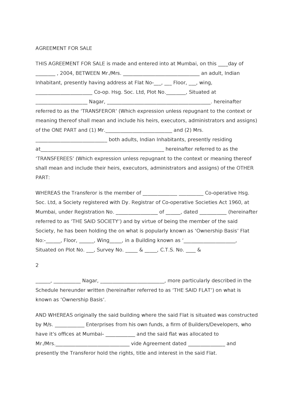 Draft Agreements - notes - AGREEMENT FOR SALE THIS AGREEMENT FOR SALE ...