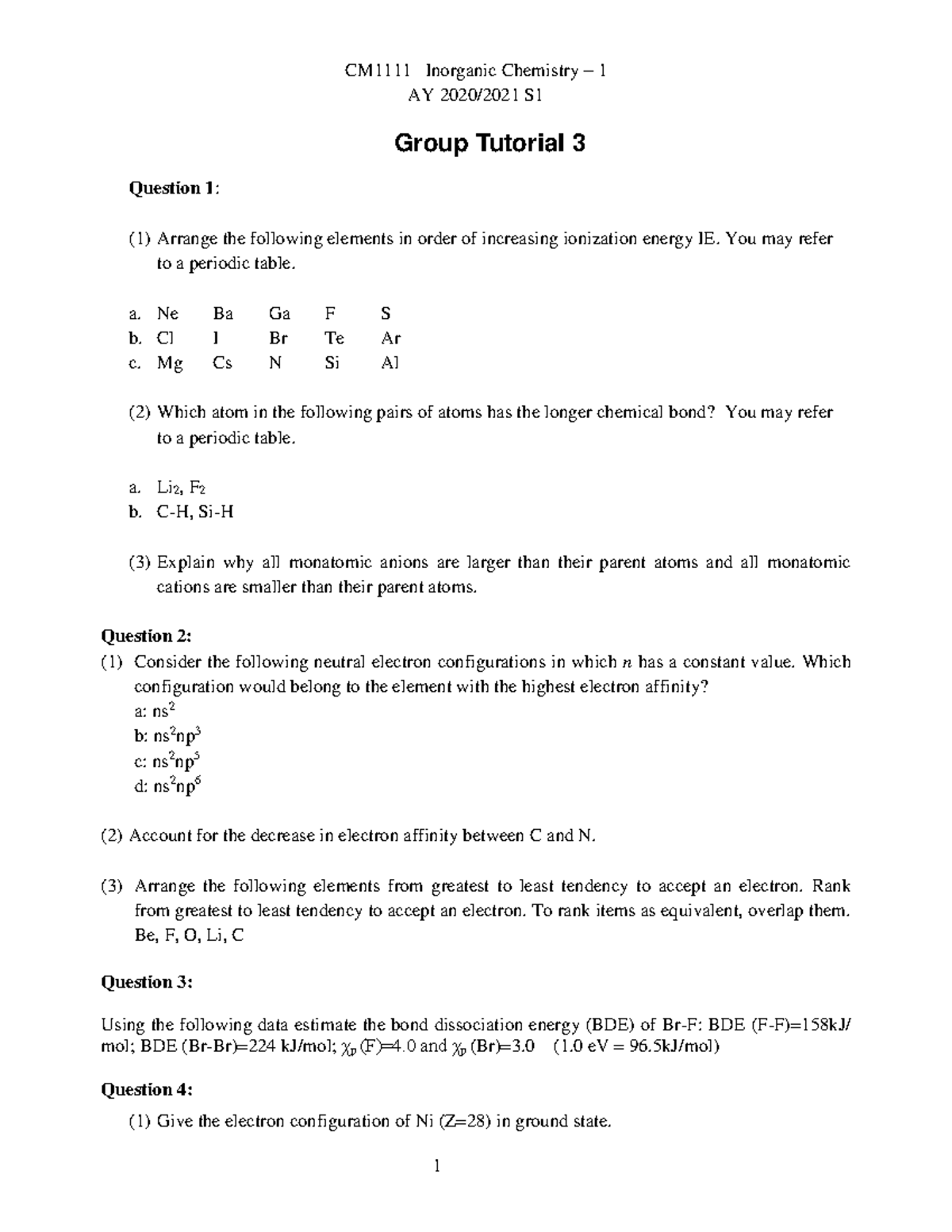 CM1111 Tutorial 3 questions - CM1111 Inorganic Chemistry – 1 AY 2020/ ...