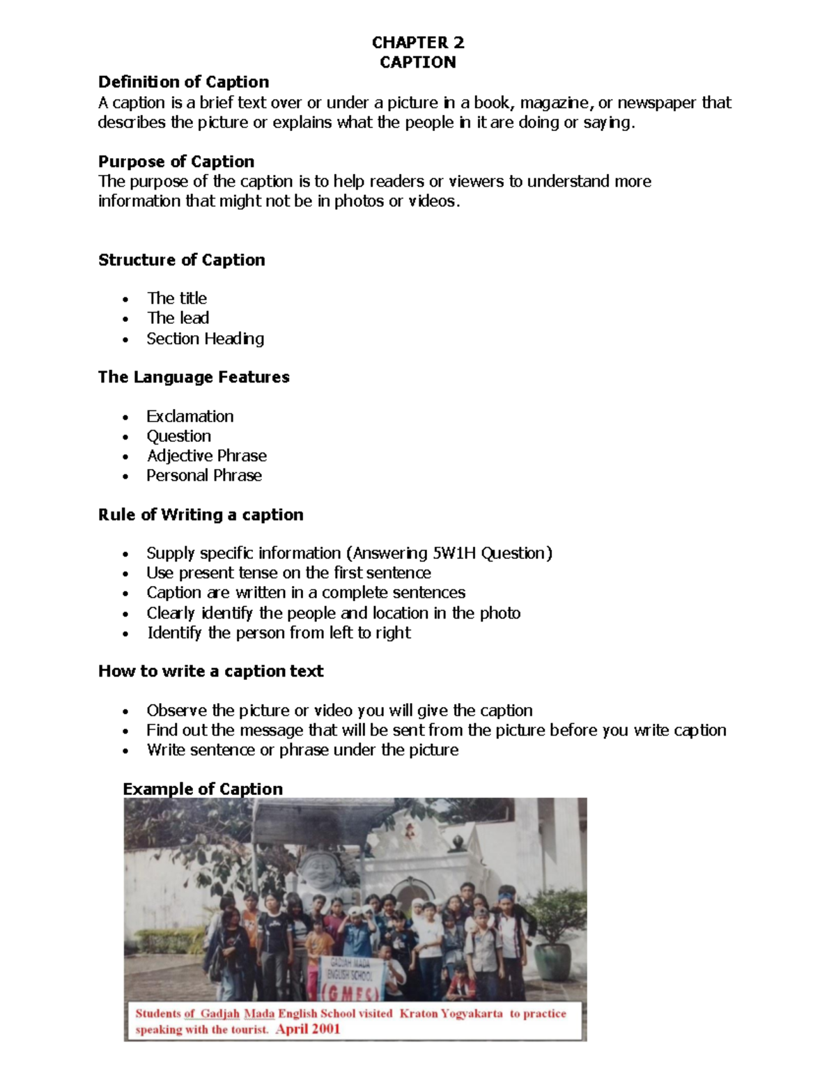 Caption - khkgjk - CHAPTER 2 CAPTION Definition of Caption A caption is ...