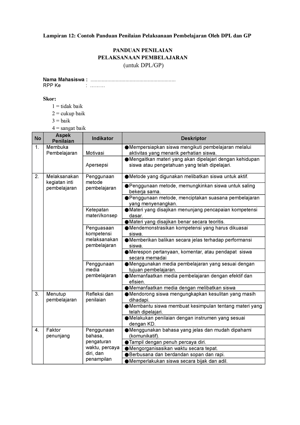 Lampiran 12 - Contoh Panduan Penilaian Pelaksanaan Pembelajaran Oleh ...