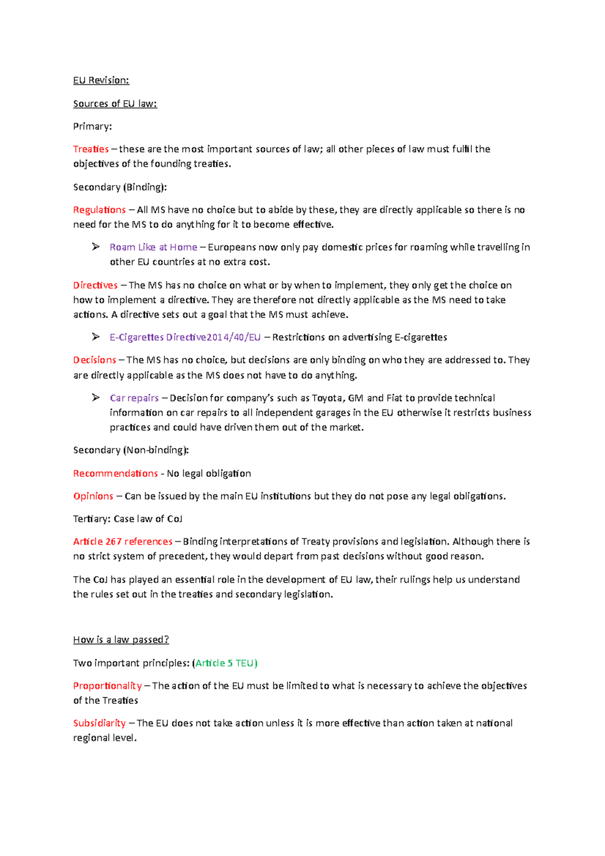 EU Revision Notes - EU Revision: Sources Of EU Law: Primary: Treaties ...