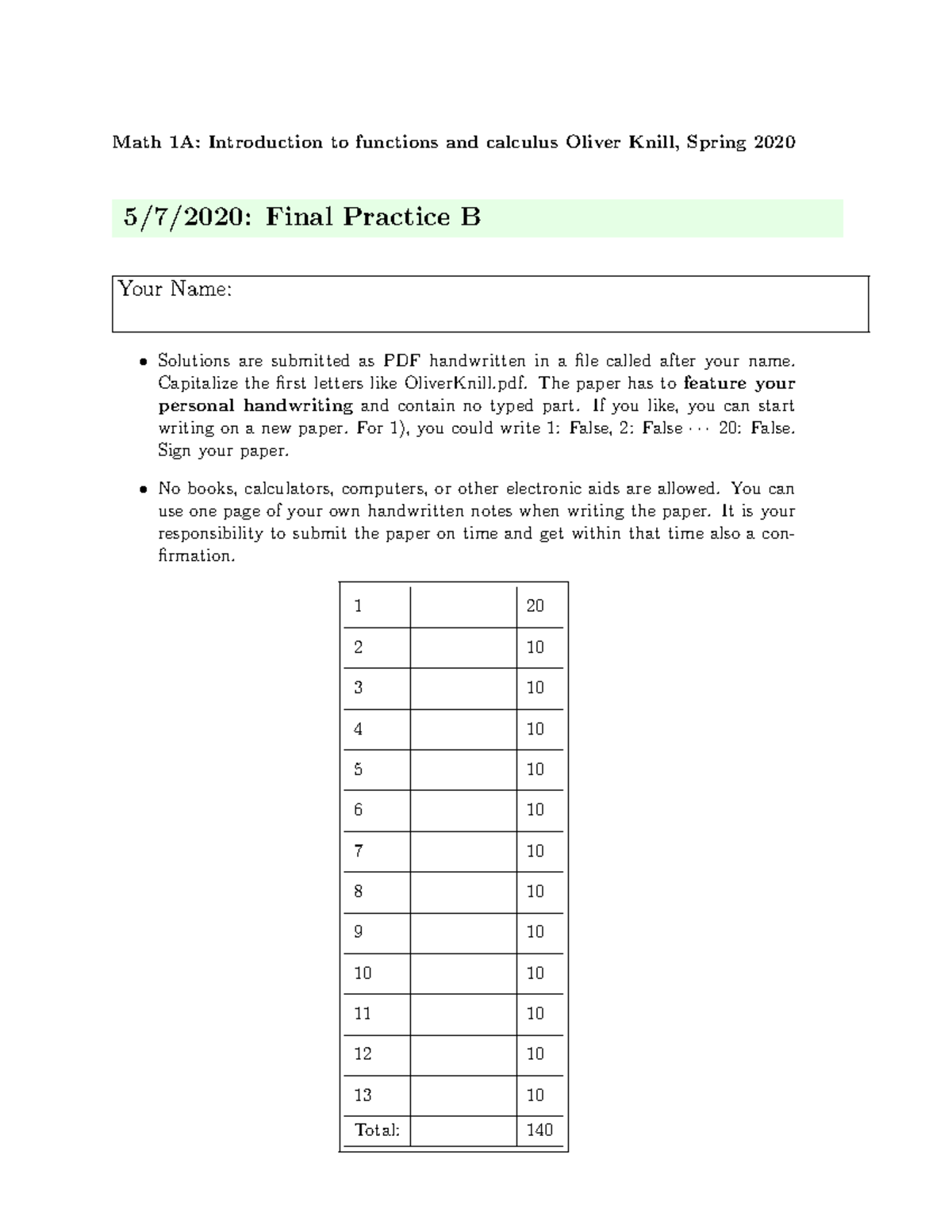 Practice 2 - Math - Math 1A: Introduction to functions and calculus ...