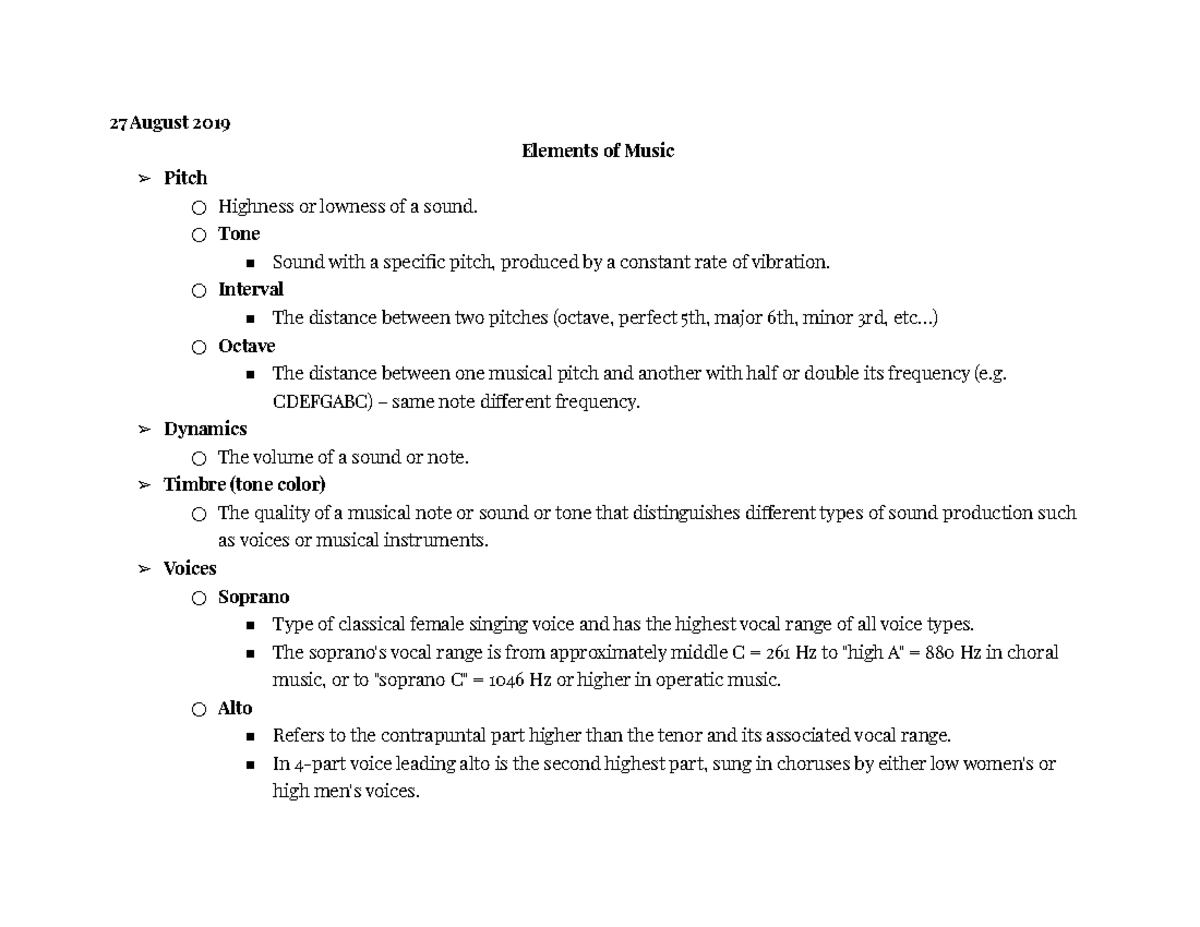 Elements of Music - Lecture notes - 27 August 2019 Elements of Music ...