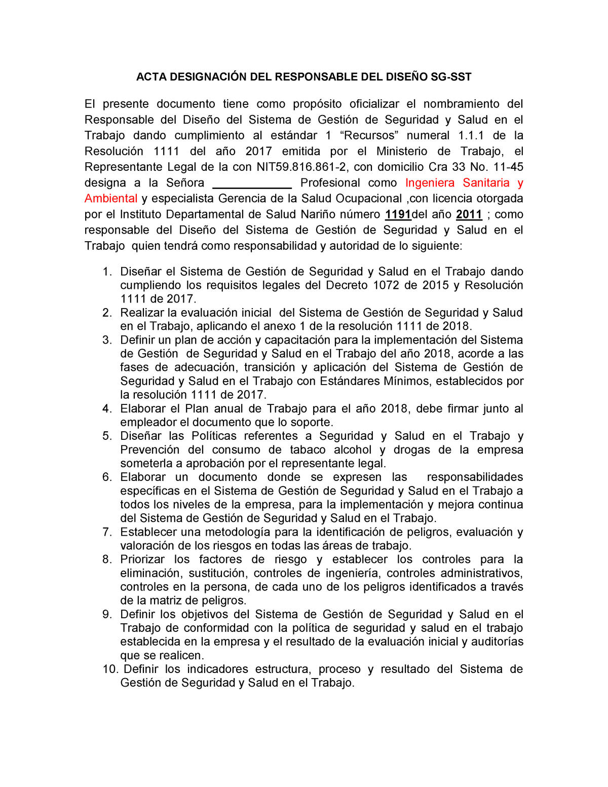 Acta Designacion Del Responsable Diseño Sgsst Acta DesignaciÓn Del