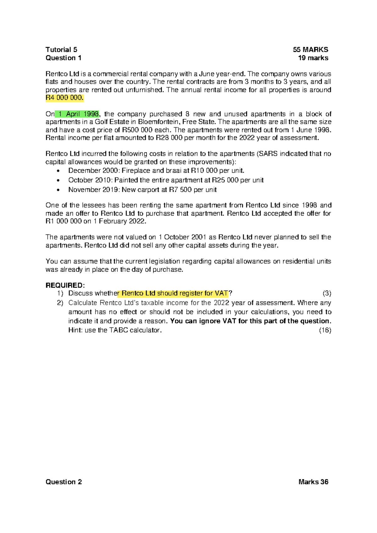 Tutorial 5 capital gains tax - Tutorial 5 55 MARKS Question 1 19 marks ...