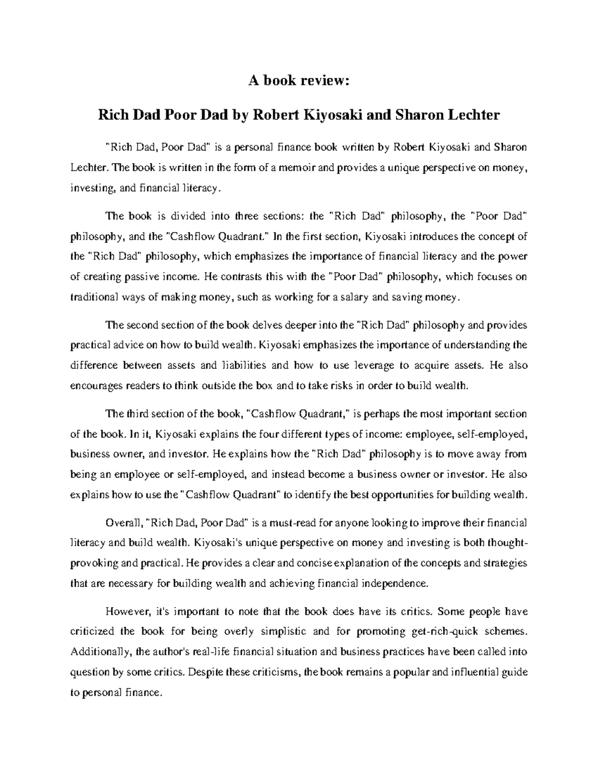 Book Review Of Rich Dad Poor Dad A Book Review Rich Dad Poor Dad By