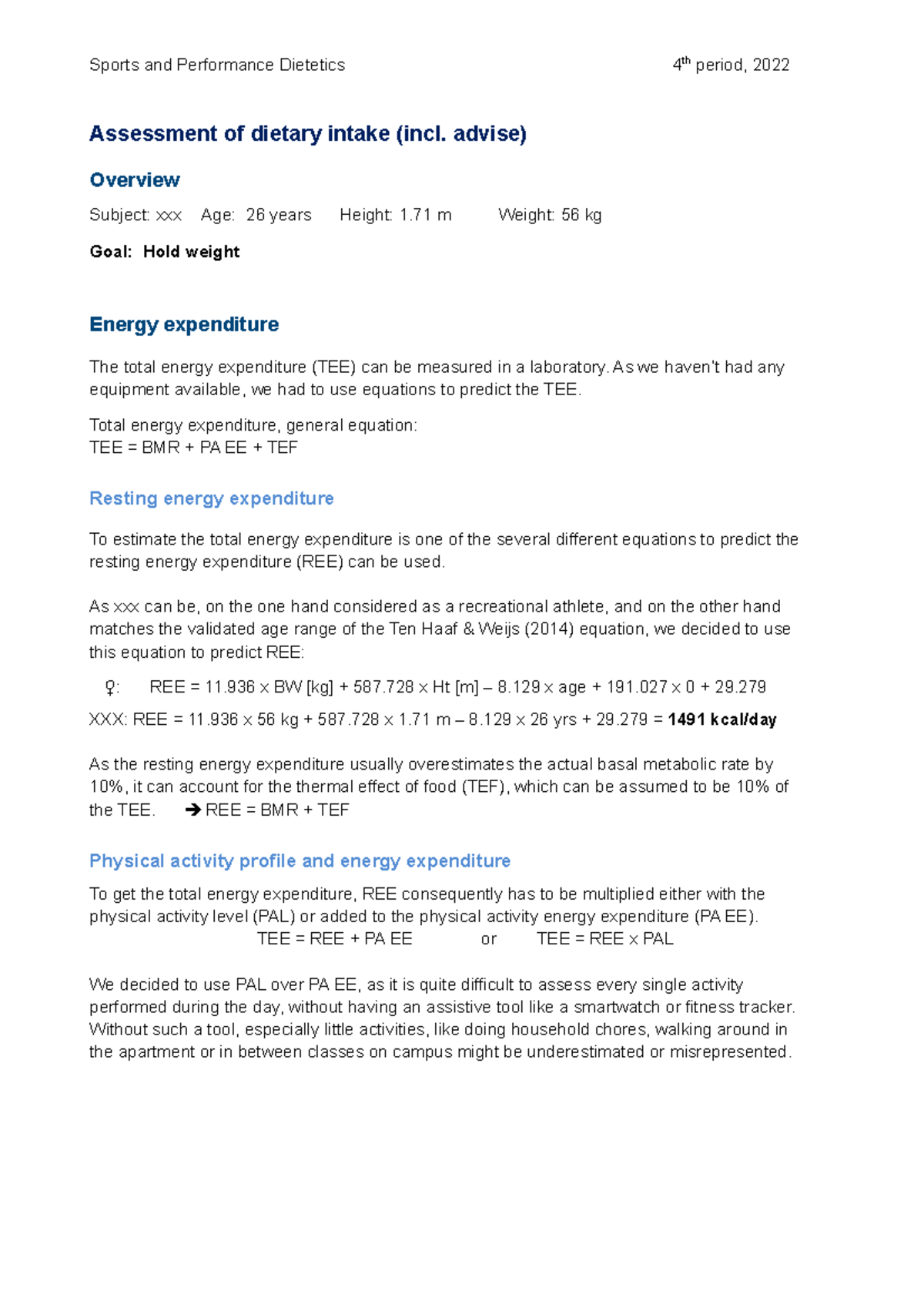 Assignment 1 Dietary Assessment - Assessment Of Dietary Intake (incl ...