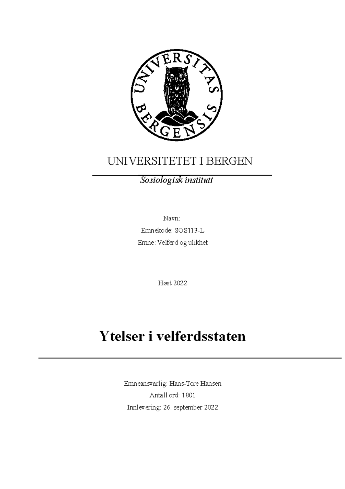 Godkjent SOS113-L Obligatorisk Oppgave - UNIVERSITETET I BERGEN ...