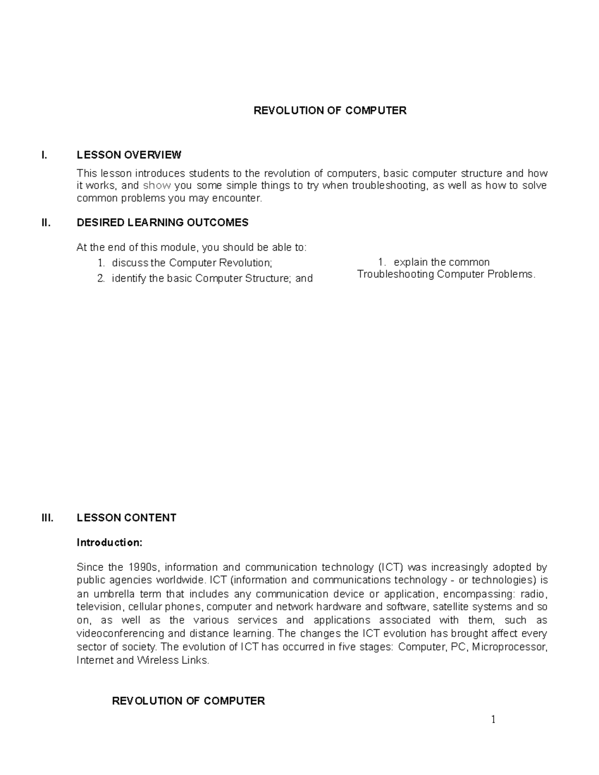 Revolution OF Computer - REVOLUTION OF COMPUTER I. LESSON OVERVIEW This ...