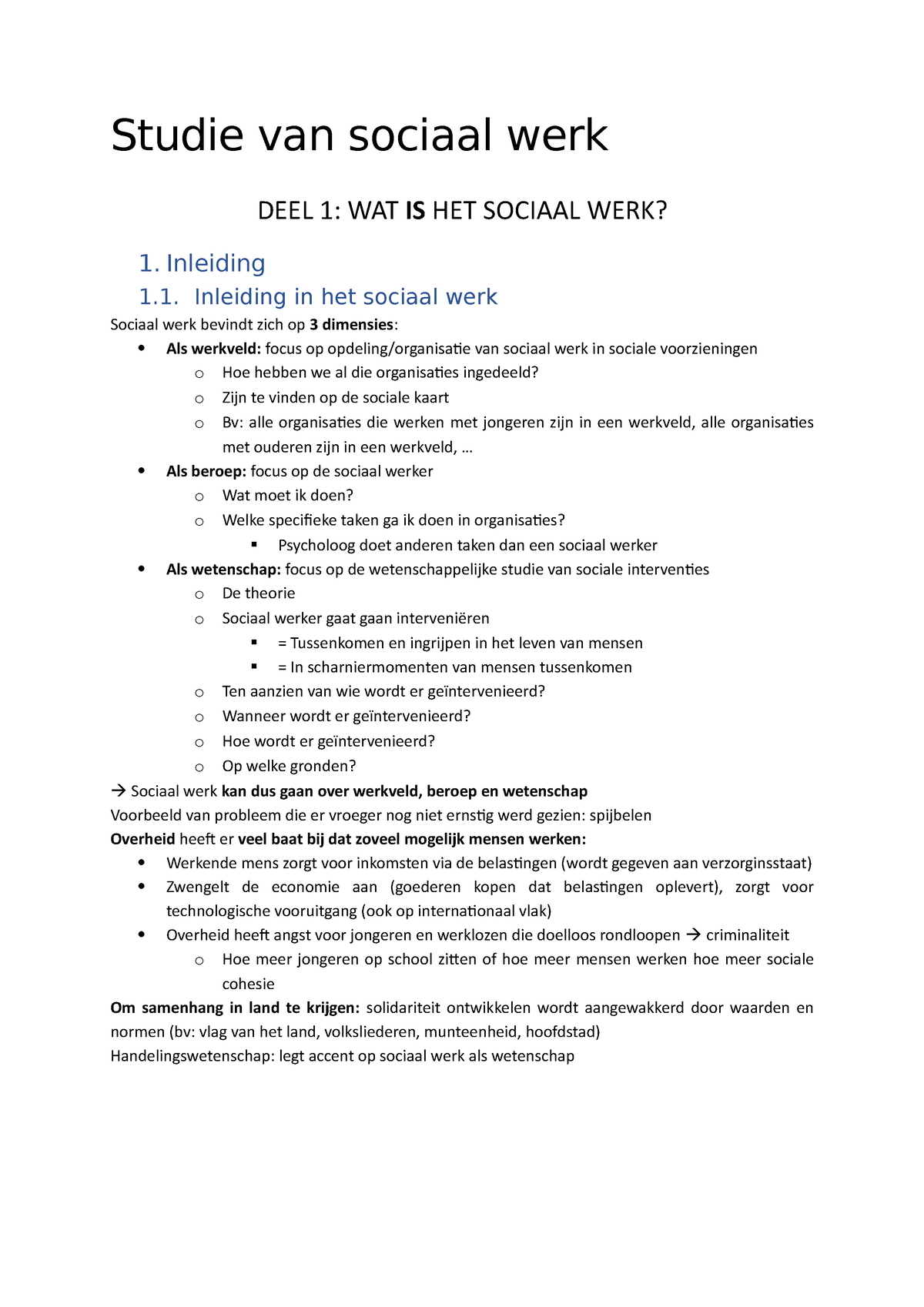 Samenvatting Studie Van Sociaal Werk - Studie Van Sociaal Werk DEEL 1 ...