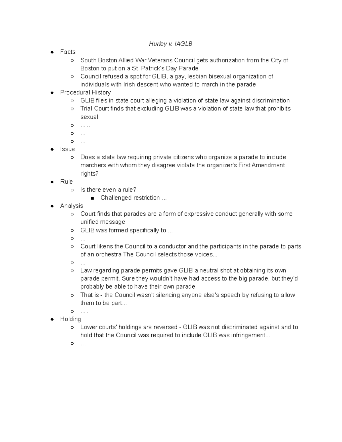 Hurley v. Iaglb Case Brief Hurley v. IAGLB Facts South Boston Allied War Veterans Council