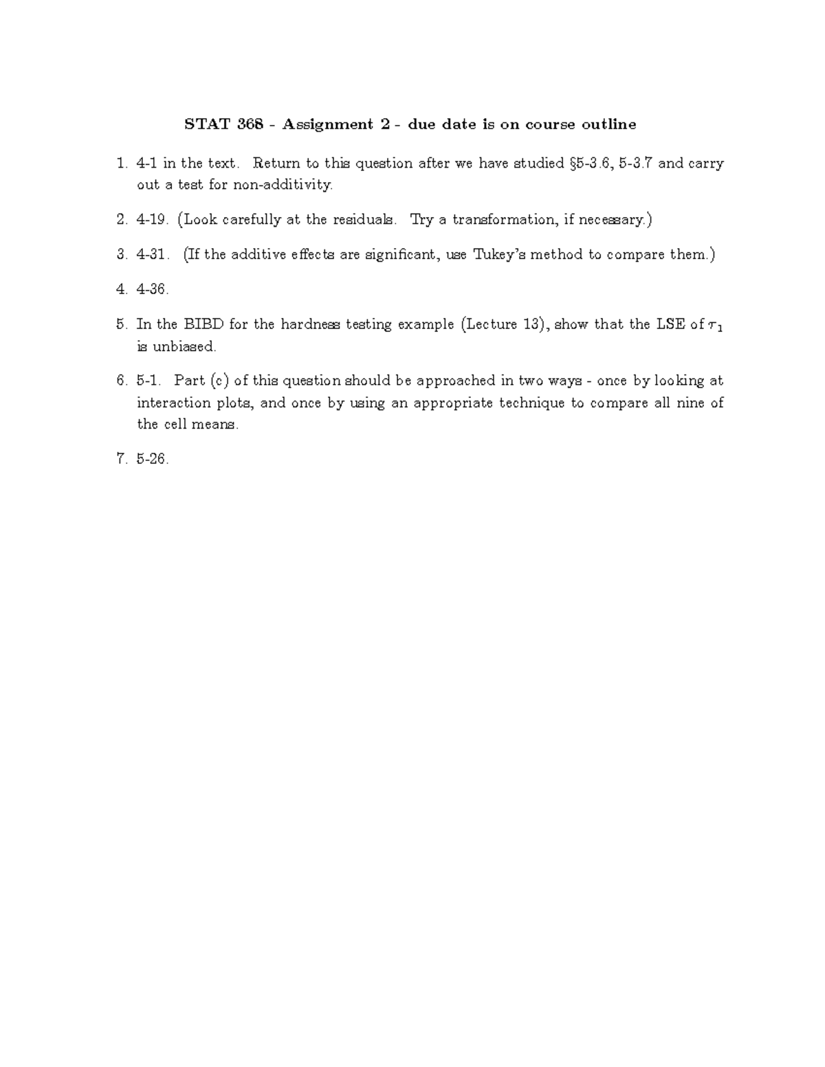 368asst2 - STAT 368 - Assignment 2 - due date is on course outline 4-1 ...